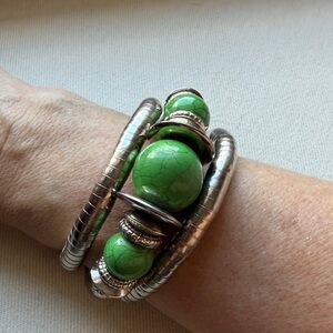 Green Bead Wrap Bracelet with Silver Accents